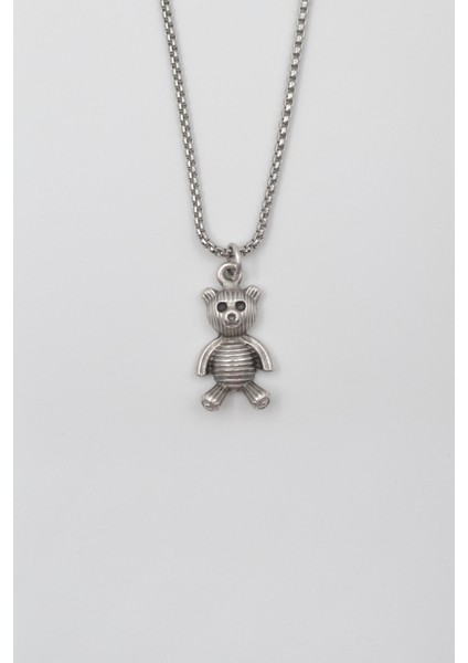 Oyuncak Ayı Örme Zincir Kolye - Antik Gümüş Kaplama - Kadın Erkek - 60 cm