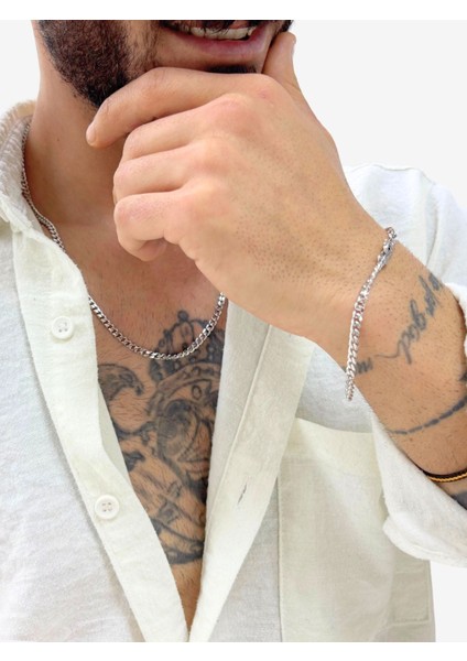 Beyaz Altın Kaplama Gurmet Gümüş Zincir Kolye & Bileklik Seti 4mm [bgzk-4mm-Ky]