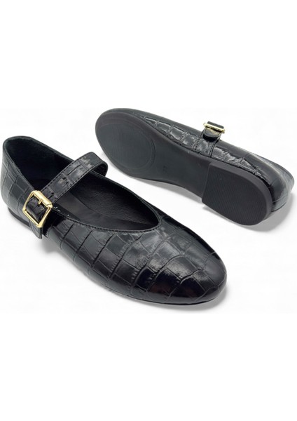 Nox Siyah Kroko Hakiki Deri Toka Detaylı Mary Jane Kadın Babet