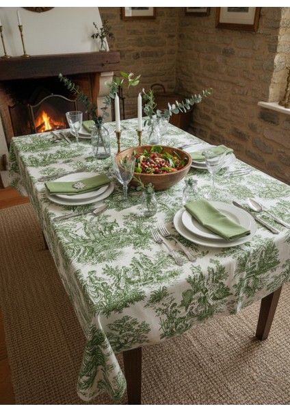 Fransız Köylüler Desenli Rustik Vintage Dekoratif Büyük Boy Masa Örtüsü