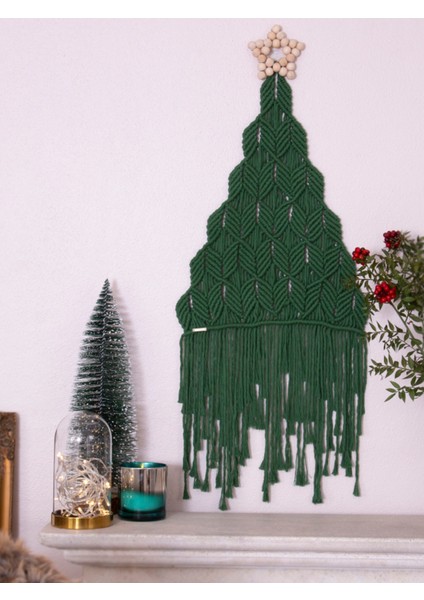 El Yapımı Makrome Yılbaşı Ağacı Duvar Dekoru, Süsler, 40X90 Yeşil