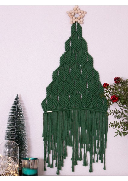 El Yapımı Makrome Yılbaşı Ağacı Duvar Dekoru, Süsler, 40X90 Yeşil fiyatları