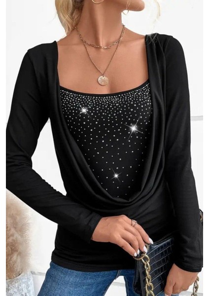 Degaje Yaka Taşlı Sandy Bluz - Siyah