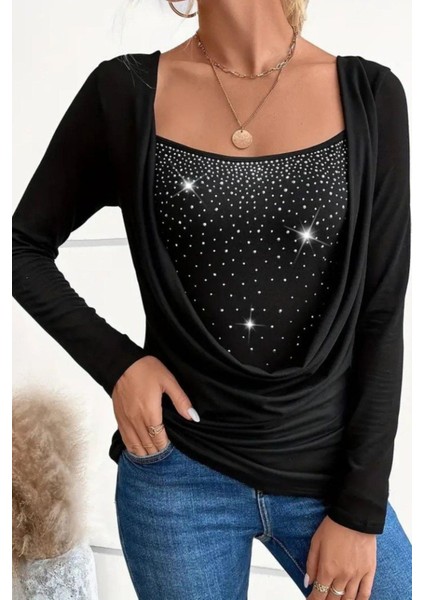 Degaje Yaka Taşlı Sandy Bluz - Siyah fiyatları