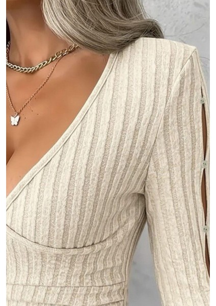 Kruvaze Yaka Şardonlu Kaşkorse Bluz - Bej fiyatları