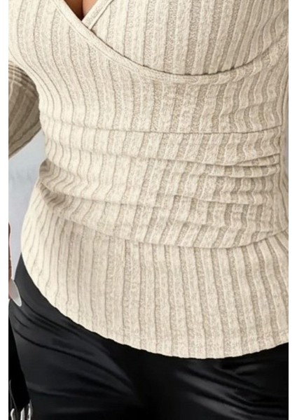 Kruvaze Yaka Şardonlu Kaşkorse Bluz - Bej modelleri