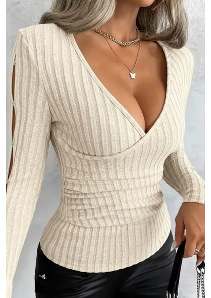 Kruvaze Yaka Şardonlu Kaşkorse Bluz - Bej fırsatları