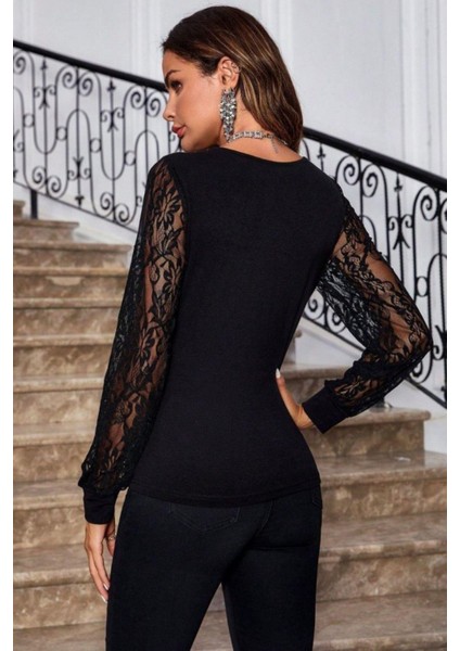 Dantel Kollu V Yaka Taş Detaylı Sandy Bluz - Siyah modelleri