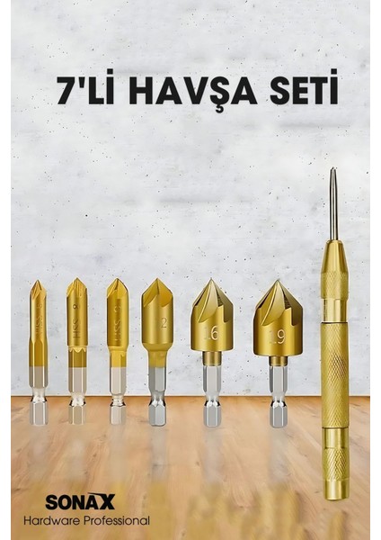 7'li Hss Titanyum Kaplı Kılavuz ve Havşa Matkap Ucu Seti + Otomatik Zımba 722454