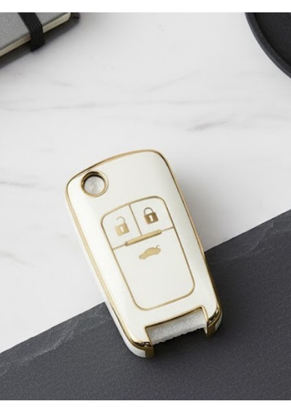 Opel Astra J Mokka Insignia Chevrolet Cruze Uyumlu Nano Sustalı 3 Buton Anahtar Kılıfı Beyaz-Gold