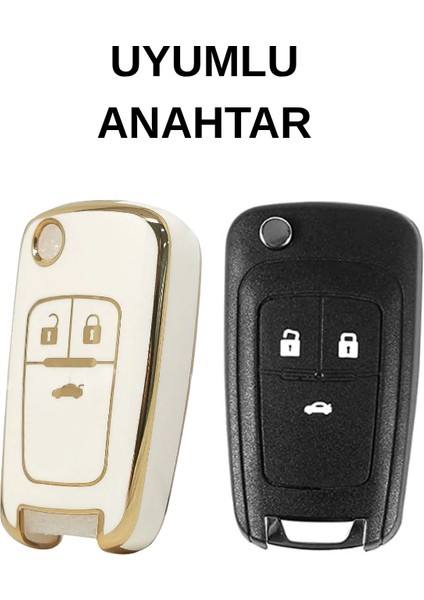Opel Astra J Mokka Insignia Chevrolet Cruze Uyumlu Nano Sustalı 3 Buton Anahtar Kılıfı Beyaz-Gold fiyatları