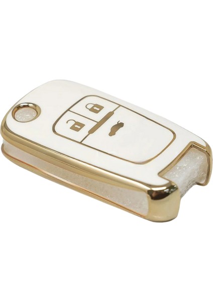 Opel Astra J Mokka Insignia Chevrolet Cruze Uyumlu Nano Sustalı 3 Buton Anahtar Kılıfı Beyaz-Gold indirimleri