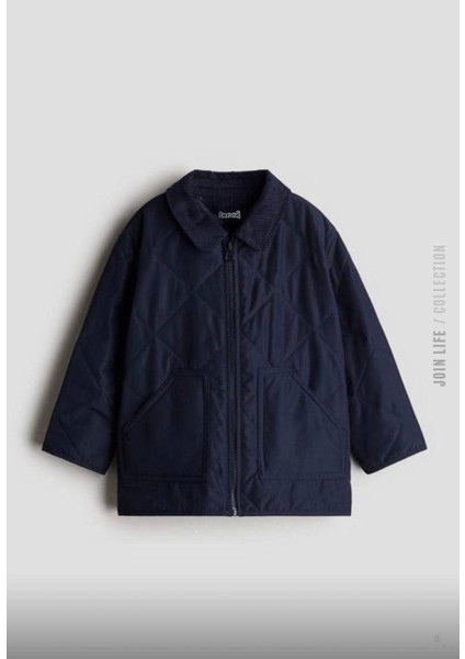 Bakla Desenli Kapitone Lacivert Çocuk Mont – Kadife Yakalı, Fermuarlı, 3–10 Yaş