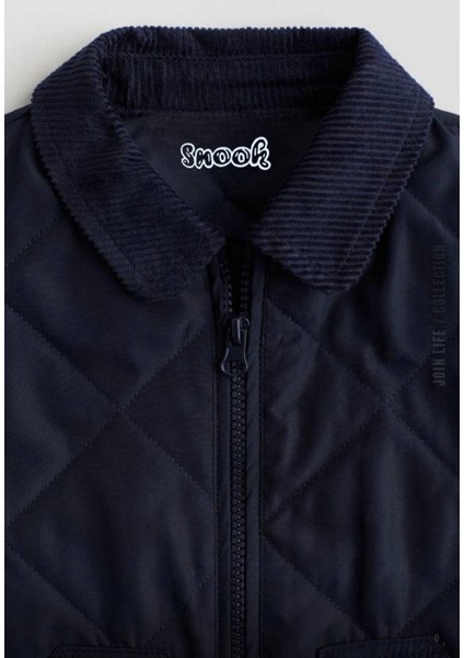 Bakla Desenli Kapitone Lacivert Çocuk Mont – Kadife Yakalı, Fermuarlı, 3–10 Yaş modelleri