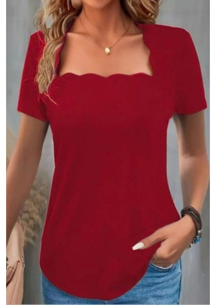 Kısa Kollu Lazer Yaka Krep Bluz - Kırmızı