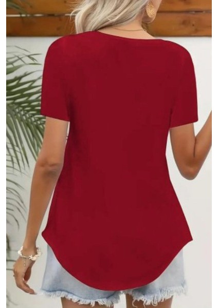 Kısa Kollu Lazer Yaka Krep Bluz - Kırmızı modelleri