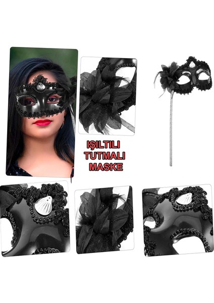 Siyah Işıltılı Tutmalı Fotoğraf Çekimi Maskesi 18X29 cm (5224)