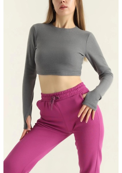 Bisiklet Yaka Parmak Geçmeli Crop Bluz Antrasit