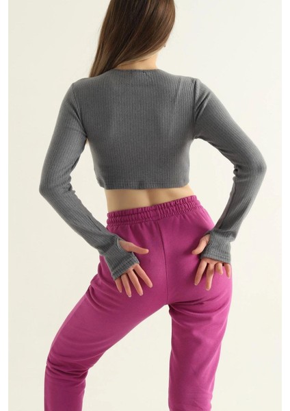 Bisiklet Yaka Parmak Geçmeli Crop Bluz Antrasit fiyatları