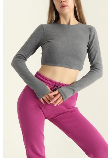 Bisiklet Yaka Parmak Geçmeli Crop Bluz Antrasit modelleri