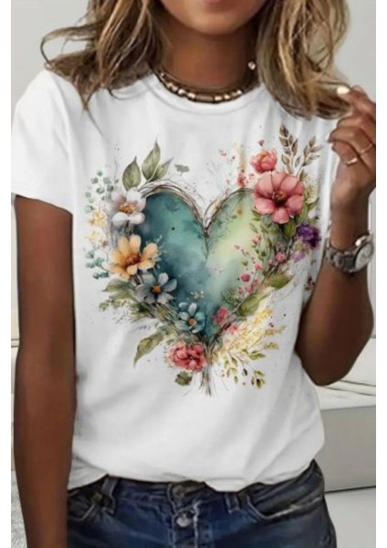 Kısa Kollu Bisiklet Yaka Kalp Desenli Süprem Bluz - Beyaz