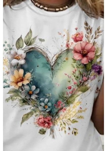 Kısa Kollu Bisiklet Yaka Kalp Desenli Süprem Bluz - Beyaz fiyatları