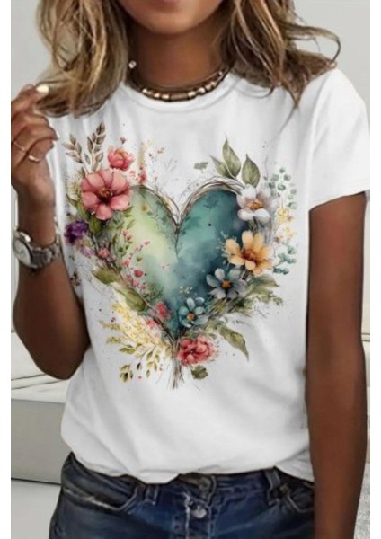 Kısa Kollu Bisiklet Yaka Kalp Desenli Süprem Bluz - Beyaz modelleri