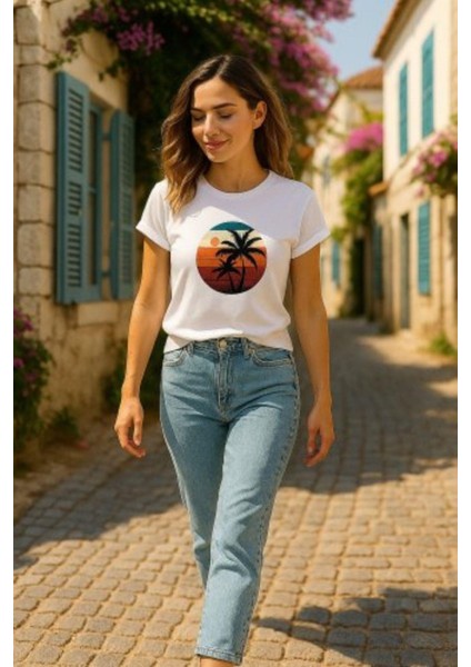 Bisiklet Yaka Palmiye Baskılı Viskon Bluz - Beyaz