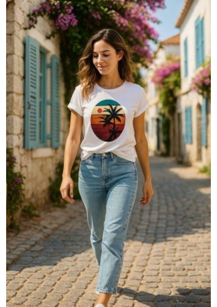 Bisiklet Yaka Palmiye Baskılı Viskon Bluz - Beyaz fiyatları