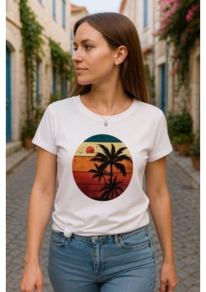 Bisiklet Yaka Palmiye Baskılı Viskon Bluz - Beyaz modelleri