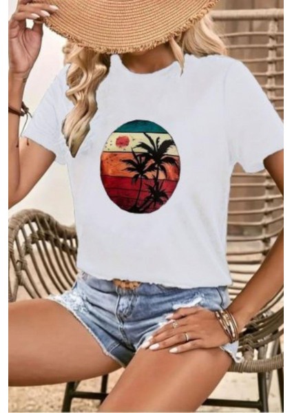 Bisiklet Yaka Palmiye Baskılı Viskon Bluz - Beyaz fırsatları