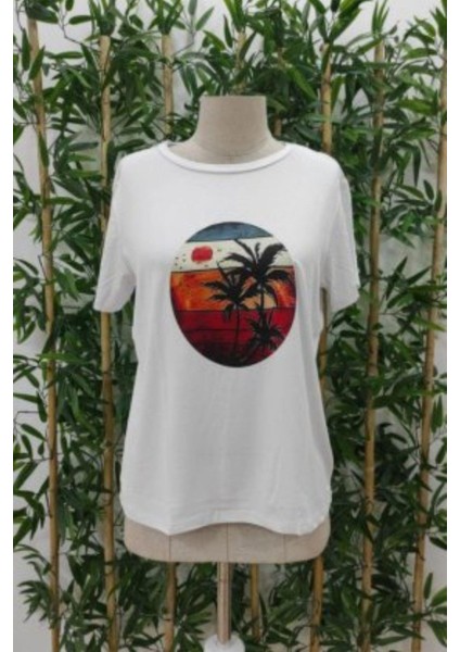 Bisiklet Yaka Palmiye Baskılı Viskon Bluz - Beyaz indirimleri