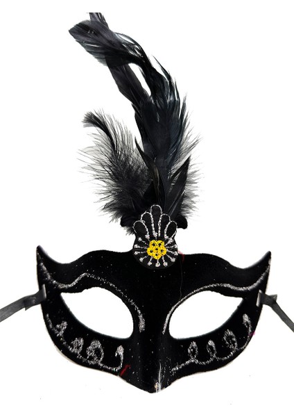 Siyah Renk Tüylü Siyah Süet Kaplama Parti Balo Maskesi 20X16 cm (5224)