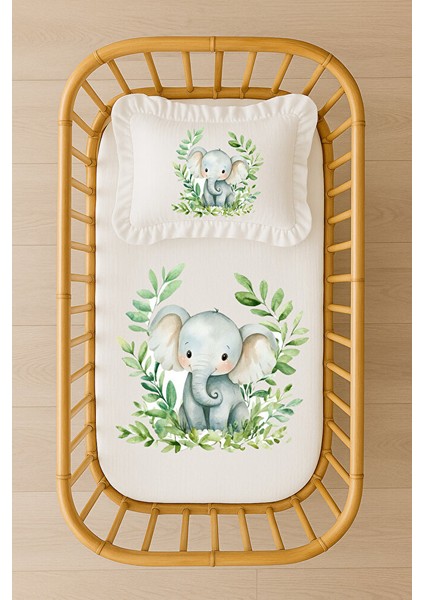 Su Yeşili Fil Desenli Bebek Nevresim Takımı Içi Dolgulu Fırfırlı