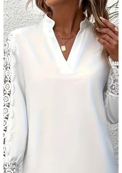 Hakim Yaka Dantel Kollu Ithal Krep Bluz - Beyaz fiyatları