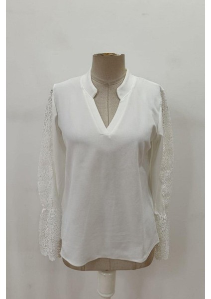 Hakim Yaka Dantel Kollu Ithal Krep Bluz - Beyaz fırsatları