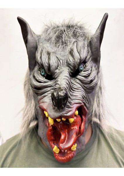 Kafaya Tam Geçmeli Lateks Dil Çıkaran Mavi Gözlü Kurt Maskesi (5224) fiyatları
