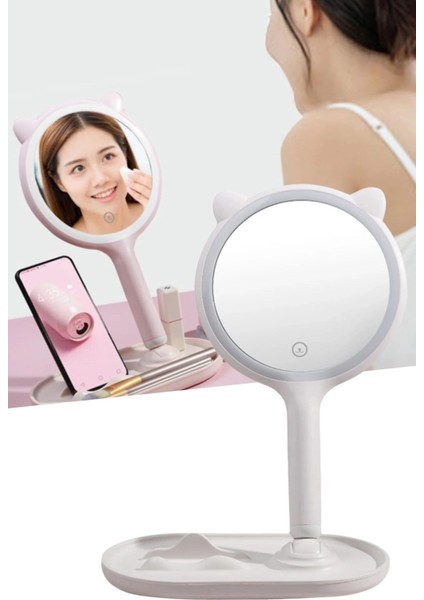 Kedi Kulaklı Telefon Standlı Yuvarlak Dokunmatik LED Ayarlı Masa Üstü Makyaj Aynası