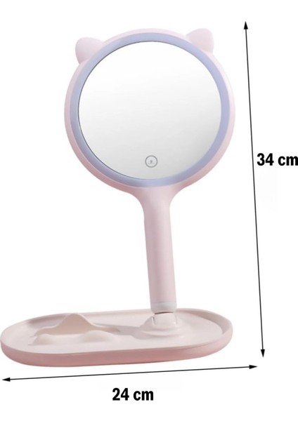Kedi Kulaklı Telefon Standlı Yuvarlak Dokunmatik LED Ayarlı Masa Üstü Makyaj Aynası