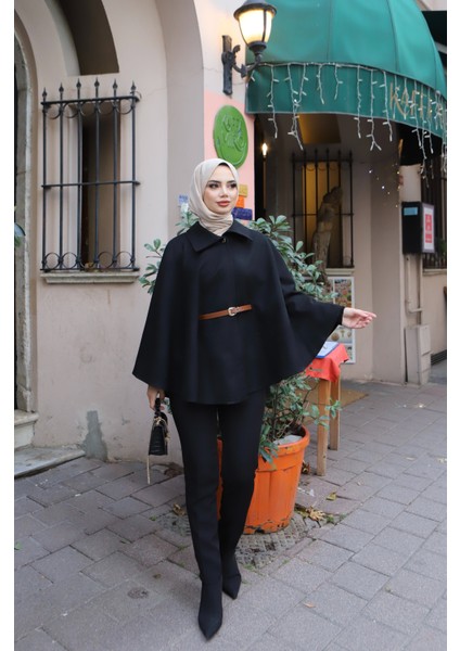 Kemerli Kaşe Pelerin