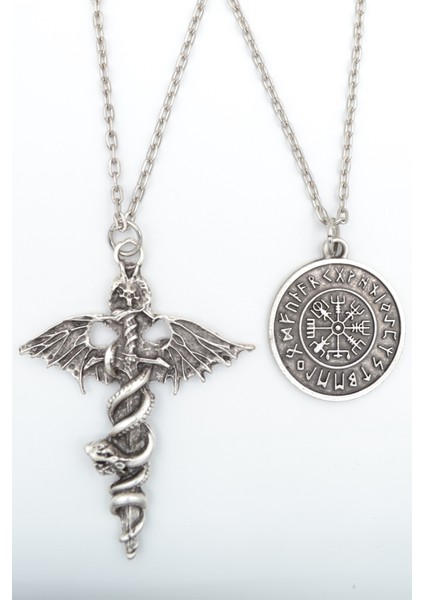 2'li Kılıç Yarasa Yılan - Viking Pusula Gümüş Kaplama Kolye Seti