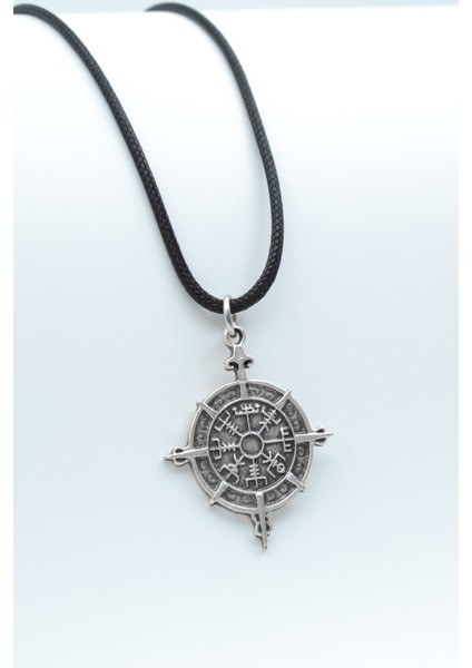 Viking Vegvisir Pusula Gümüş Kaplama Deri İp Kolye