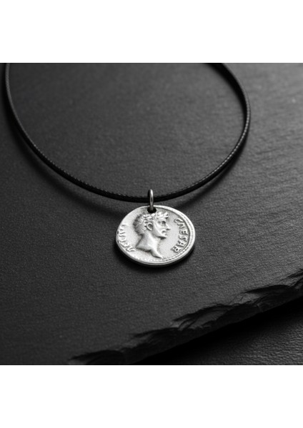 Roma Parası Sikke - Sezar Gümüş Kaplama Deri İp Kolye