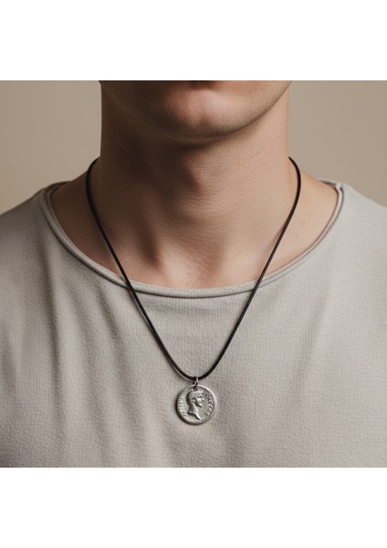 Roma Parası Sikke - Sezar Gümüş Kaplama Deri İp Kolye modelleri