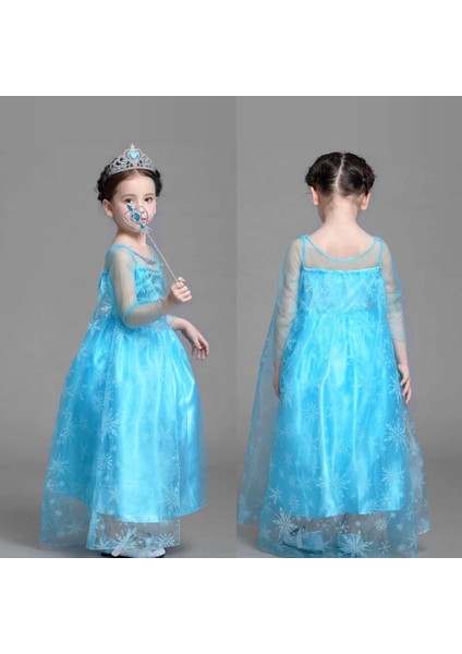 Karlar Ülkesi Elsa Mavi Kalpli Taç ve Mavi Asa Seti Çocuk Boy