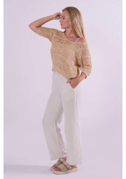 Triko Bluz Yazlık Kazak Dantel Ajurlu Etnik Desenli Yarasa Kollu Kayık Yaka Pareo Kadın Bluz