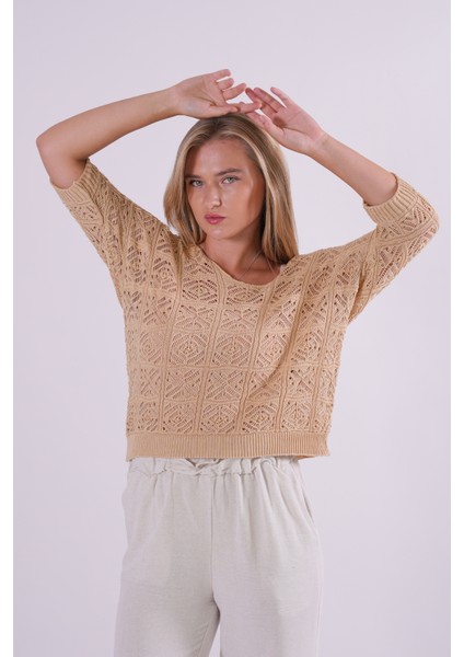 Triko Bluz Yazlık Kazak Dantel Ajurlu Etnik Desenli Yarasa Kollu Kayık Yaka Pareo Kadın Bluz indirimleri