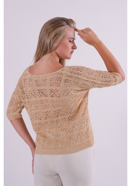 Triko Bluz Yazlık Kazak Dantel Ajurlu Etnik Desenli Yarasa Kollu Kayık Yaka Pareo Kadın Bluz