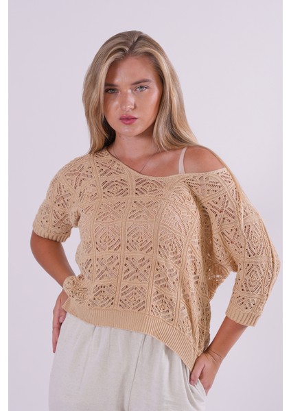 Triko Bluz Yazlık Kazak Dantel Ajurlu Etnik Desenli Yarasa Kollu Kayık Yaka Pareo Kadın Bluz