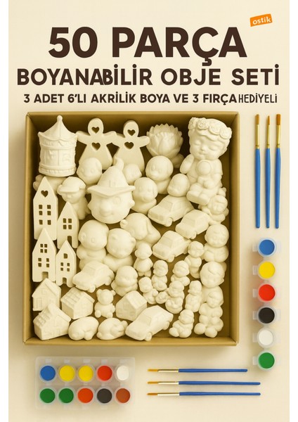 50 Parça Alçı Boyama Seti – Boyanabilir Obje Seti + Akrilik Boya ve Fırça Hediyeli